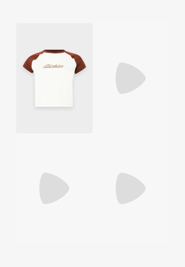 T-shirt de manga curta com corpo branco e mangas raglan castanhas. Apresenta "Dickies" em costura estilizada horizontalmente no peito. Textura suave.; Saia maxi amarela em renda com um padrão ondulado, apresentando uma cintura lisa e uma textura suave e transparente. Projetada para uma silhueta fluida.; Sapatilhas em creme e lavanda com três riscas e uma sola castanha texturizada, apresentando atacadores e um calcanhar almofadado. Parte superior em tecido suave.; Bolsa de ombro branca feita de material liso, apresentando um recorte oval e um design de alça larga. Simples e moderna, sem hardware visível.