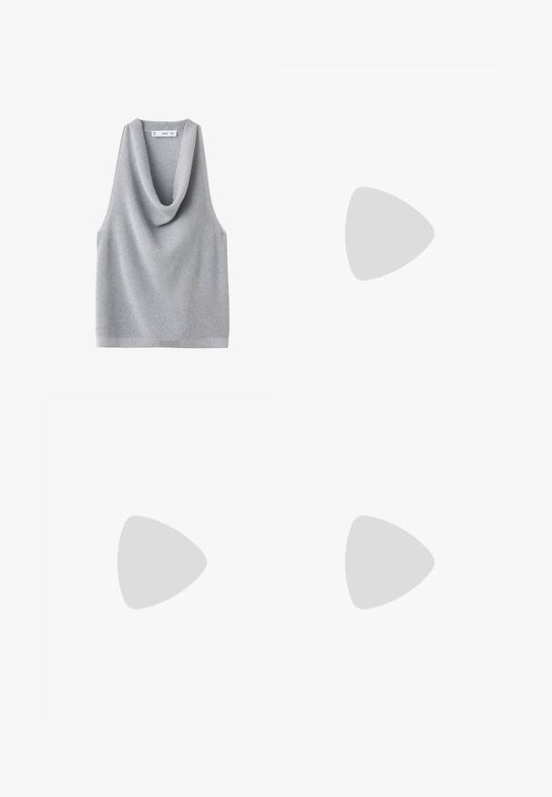 Bez rukava, sivi pleteni top s naboranim dekolteom. Teksturalna tkanina i opušteni kroj, s ravnim rubom i minimalnim detaljima.; Tamno plave široke hlače s vertikalnim bijelim prugama, elastičnim pojasom i mekanom tkaninom, koje nude opušteni kroj.; Srebrne slingback balerinke s šiljastim vrhom i niskom petom. Sjajan lakirani završetak s izrezbarenom dizajnom sa strane i podesivom kopčom.; Crna kožna torba s glatkom teksturom, minimalističkim dizajnom i jednim zakrivljenim remenom za nošenje preko ramena. Otvorena na vrhu, bez vidljivih metalnih dijelova.