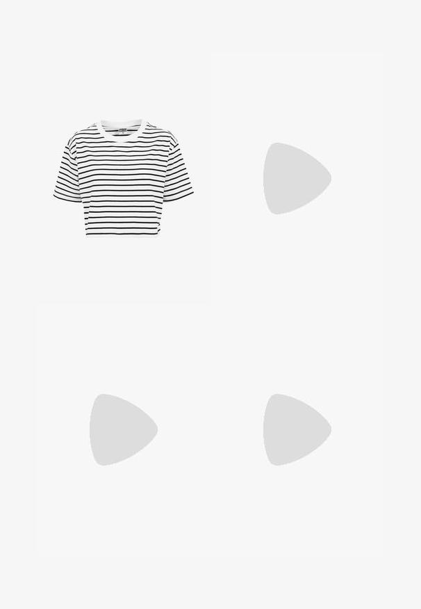 T-shirt blanche taillée avec des rayures horizontales noires, encolure ronde et manches courtes. Fabriquée en tissu coton, texture lisse.; Pantalons rayés bleu et blanc en tissu léger, dotés d'une taille élastique avec cordon de serrage et d'une coupe droite.; Baskets avec une tige en cuir blanc, un bout en daim gris et trois bandes noires. Présente un logo bleu sur la languette et une semelle en caoutchouc texturée.; Sac à bandoulière en cuir marron avec une forme courbée, matériel doré, détail de fermoir supérieur et accent de logo. Texture lisse avec bords cousus.