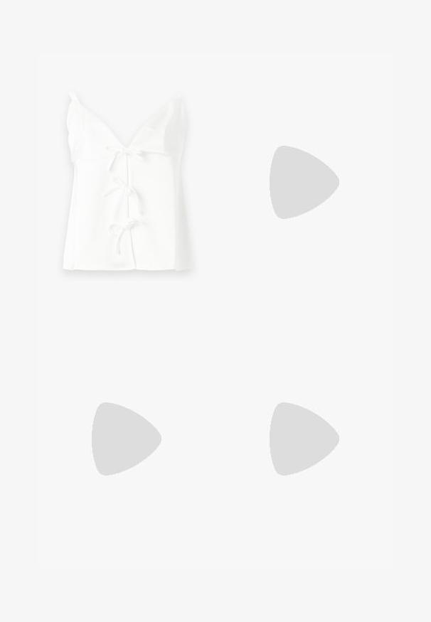Top sans manches blanc avec un décolleté en V profond, comportant trois fermetures à l'avant à nouer et une texture lisse et douce. Design simple sans motifs.; Shorts en jean bleu clair avec taille haute, design standard à cinq poches et ourlet effiloché. Fabriqués en coton avec une finition délavée.; Escarpin en cuir verni blanc, à bout pointu et à petit talon bloc. Comprend une fine sangle avec un détail de boucle dorée.; Sac à épaule blanc avec une finition texturée, une accentuation par une boucle centrale et une forme courbée. Fermetures éclair des deux côtés.
