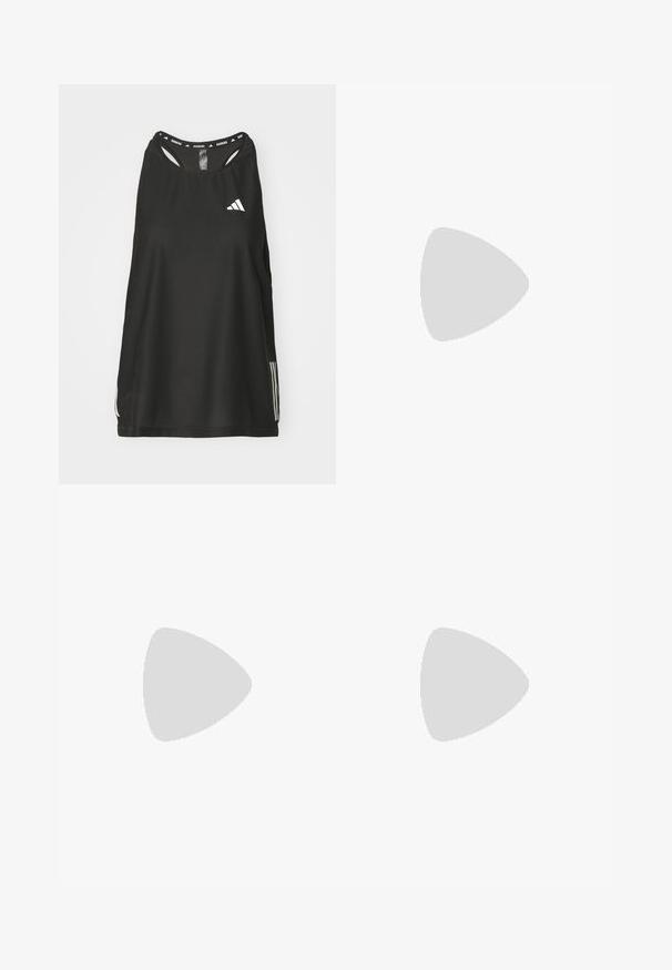 Schwarzes ärmelloses Sportoberteil mit rundem Halsausschnitt. Besondere Merkmale sind ein weißes Logo und drei weiße Streifen an den Seiten; aus atmungsaktivem Material gefertigt.; Weiße Sportshorts mit blauen Streifen und grüner Markenkennzeichnung. Kombiniert mit weißen und schwarzen Turnschuhen sowie weißen Socken. Einfache Gestaltung.; Weiße Sportschuhe mit schwarzen Streifen und Branding, ausgestattet mit einem oberen Mesh, abgerundeter Zehenpartie und dicke cremefarbene Sohle für Dämpfung.; Schwarze Silikonarmbanduhr mit einem runden schwarzen und goldenen Zifferblatt, das ein zentrales Ziffernblatt und verschiedene Messanzeigen, einschließlich eines Fahrradsymbols, aufweist.