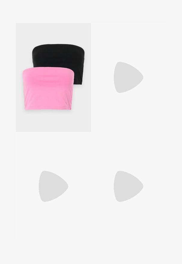 Twee strapless tops in zwart en roze. Gemaakt van glad katoen, met een eenvoudig ontwerp en een rekbare pasvorm zonder sluitingen.; Desigual ASYMMETRIC GRADIENT - Maxirok - multi coloured; Roze gestepte sandalen met een glanzende afwerking, voorzien van een thong-strap ontwerp en een slanke metallic hak. Soepele textuur en minimalistische stijl.; Geweven strohandtas in bruin met een bruine synthetische leren afwerking, met twee korte handvaten en een lange verstelbare schouderriem.