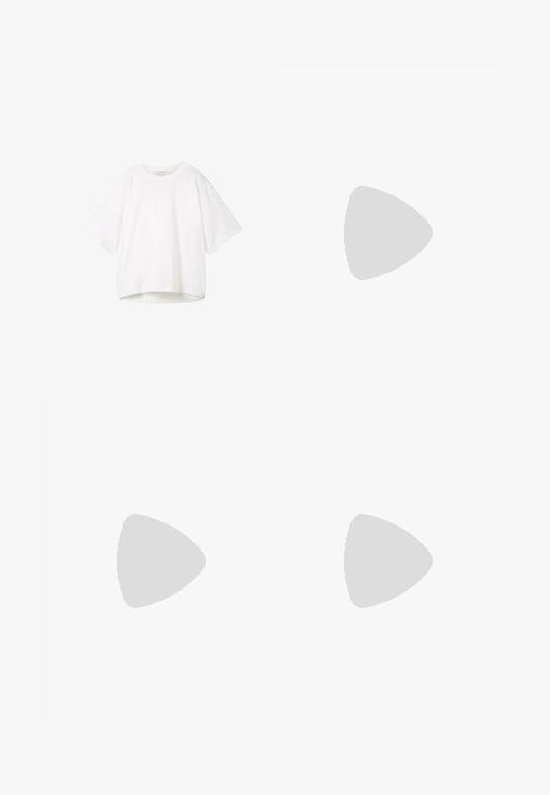 Bijela majica kratkih rukava s okruglim izrezom, opuštenog kroja i blago zakrivljenim rubom. Izrađena od glatkog, mekanog materijala s minimalnim šavovima.; Kratke hlače krem boje izrađene od mekog materijala, s elastičnim pojasom i vezicama te osnovnim dizajnom rubova.; Lagana trkačka obuća s gornjim dijelom od krem i lavande mrežaste tkanine, ojačanim gumenim potplatom i karakterističnim utorima za prijanjanje.; Bijele sunčane naočale s smešnim lećama, ovalnog oblika, izrađene od glatke plastike, sivi detalji na ručkama i logotip na okviru.