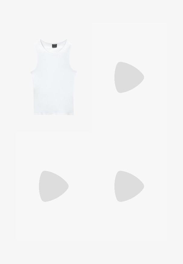Top fără mâneci alb, realizat din bumbac canelat. Are un guler rotund și o textură netedă. Eticheta spune "PULL&BEAR."; Pantaloni bleumarin cu croială dreaptă, confecționați dintr-un material neted, cu talie standard și fără modele vizibile sau accesorii.; Mocasini din piele neagră cu vârf rotund, design slip-on și talpă groasă din cauciuc cu un grip texturat. Toc înălțat și detalii subtile de cusătură.; Ochelari de soare negri, de formă rectangulară, cu lentile închise, având un cadru gros, accente subtile pe margini și fără logo-uri vizibile în afară de numele brandului.; Ceas din oțel inoxidabil argintie cu bezel albastru și roșu, față de culoare marină, marcaje albe pentru ore, mișcare quartz, rezistent la apă până la 200m și afișaj de dată.