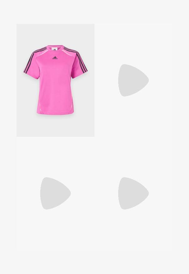 T-shirt desportivo Adidas na cor rosa choque com detalhe em preto nas três riscas nas mangas e logotipo Adidas preto no peito.; Saia atlética branca com uma cintura larga, design pregueado e um logótipo roxo no lado esquerdo. Feita de tecido leve.; Sapata atlética bege com logotipo de três riscas cor-de-rosa, parte superior em malha texturizada, colarinho acolchoado e sola de borracha branca, apresentando a marca "LIGHTSTRIKE".; Óculos de sol translúcidos rosa com uma forma única de olho de gato, com lentes rosa escuras e hastes elegantes e finas.