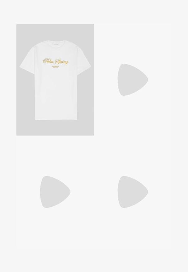 White cotton t-shirt featuring gold text that reads "Palm Spring" with "California Love Eighty Five" below, relaxed fit, crew neck design.; Beige cotton shorts with an elastic waistband and adjustable drawstring, featuring side pockets and a relaxed fit.; Beige suede sneakers with a rounded toe, lace-up front, and a textured back accent. White rubber sole provides contrast. Simple and modern design.; White pearl necklace with a uniform round shape, smooth surface, and metal clasp with an extension chain for adjustable length.; White pearl necklace with a uniform round shape, smooth surface, and metal clasp with an extension chain for adjustable length.