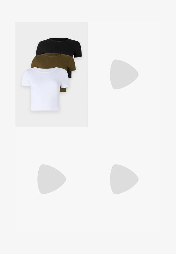 Even&Odd by Zalando 3 PACK - T-shirt basic - black/white/khaki; Pantaloni navy con motivi di rose bianche, dotati di vita elasticizzata, chiusura con cordino e taglio dritto. Tessuto morbido.; Buffalo London Sneakers basse - white; Jack & Jones JACAMOS EARRINGS UNISEX 2 PACK - Orecchini - silver-coloured