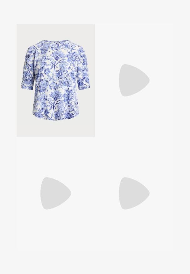 Cvećasta bluzica sa plavim i belim uzorkom, napravljena od mekog materijala. Ima okrugli izrez i rukave do tri četvrtine.; Žuta pletena midi suknja s uzorkom zvjezdanih cvjetova, s valovitim rubom i teksturiranim završetkom. Elastična gumica u struku za bolje pristajanje.; Bež sandala s visokom potpeticom, s pletenom teksturom, ukrašena cvijetom i remenom oko gležnja. Kvadratna potpetica dodaje stabilnost.; Smeđa kožna torba s teksturiranim finišom i srebrnim detaljima, držana rukom pored smeđih kožnih suknji i uzorkovane veste.