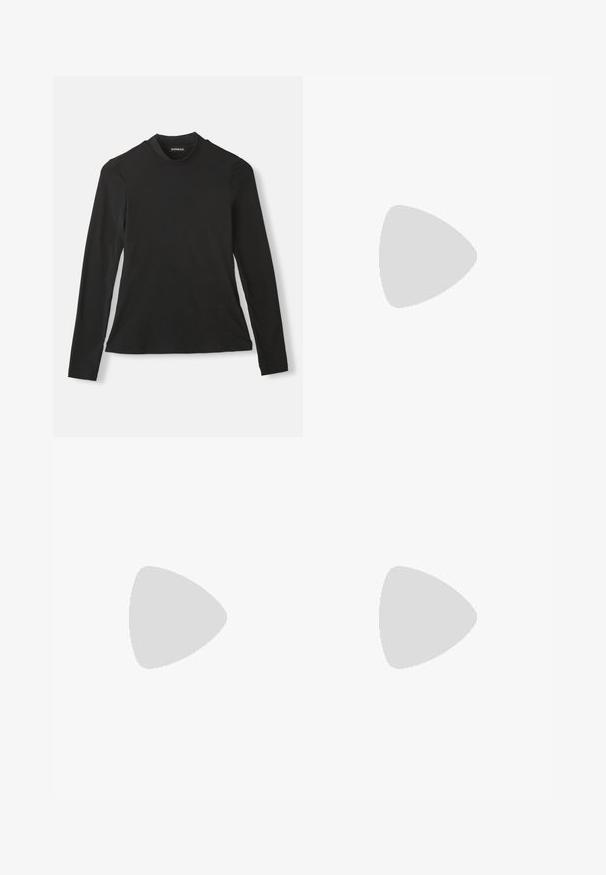 Black long-sleeve t-shirt made from soft cotton. Features a high neckline and fitted design, with a smooth texture and no visible patterns.; Pink snow pants with a relaxed fit, featuring multiple pockets, a wide waistband, zipper accents, and elastic cuffs at the ankles.; Black leather ankle boot with a high block heel, smooth texture, and fitted upper. Features a seamless design without visible fasteners.; Black leather tote bag with smooth texture, rectangular shape, and two long handles. No visible hardware or embellishments.