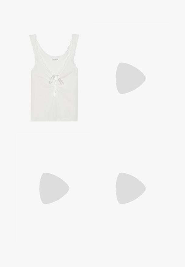 White sleeveless top with scalloped edges, a front tie with satin ribbon, and gathered detailing at the center. Made of soft fabric.; Gray straight-leg trousers made from textured fabric, featuring a mid-rise waist, belt loops, and side pockets. No visible patterns or accents.; Gray sneaker with mesh and suede materials, featuring a white logo, padded collar, and textured rubber sole. Accents in darker gray.; Brown woven leather tote bag with two handles, a structured shape, and a textured surface, featuring a diamond pattern throughout.; Silver rectangular watch with a metallic link bracelet, textured white face, and minimalist hour markers. Brand name "ROSEFIELD" displayed.; Brown satin cord necklace with red beads, featuring an irregular red stone and a dark bead, secured with gold-toned hardware and an adjustable clasp.