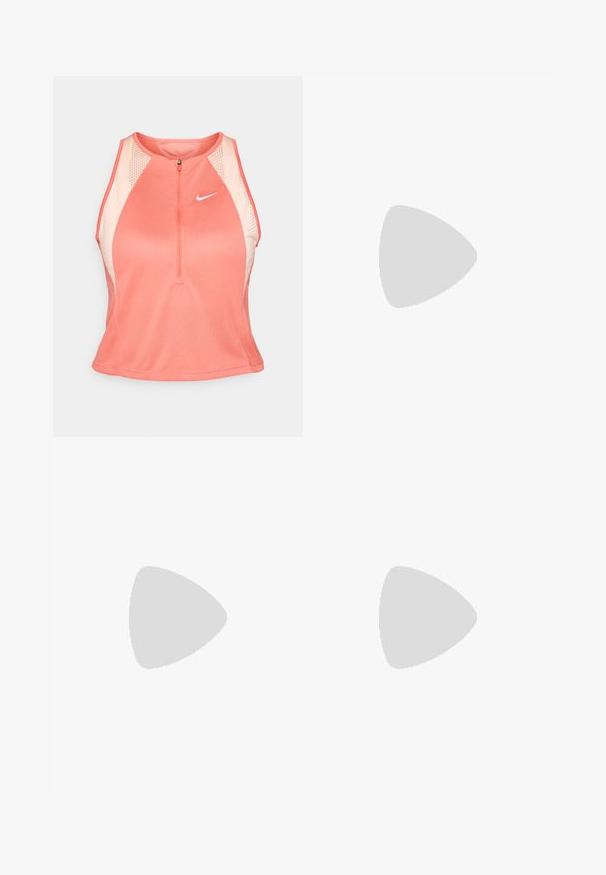 Lys korallfarget ermeløs treningstop med glidelås foran, meshpaneler og en hvit Nike-logo. Har en tettsittende design og strukturert stoff.; Hvite treningse shorts med strukturert midjebånd, samlede side detaljer og flat snøring. Myk stoff med glatt overflate.; Hvit løpesko med overdel i pustende mesh, blå detaljer og et distinkt mellomsåledesign med et synlig dempningssystem.; Sportssolbriller med hvit ramme og svarte detaljer, lyseblå reflekslinser, innfatning som omslutter, og fremtredende nesebro.