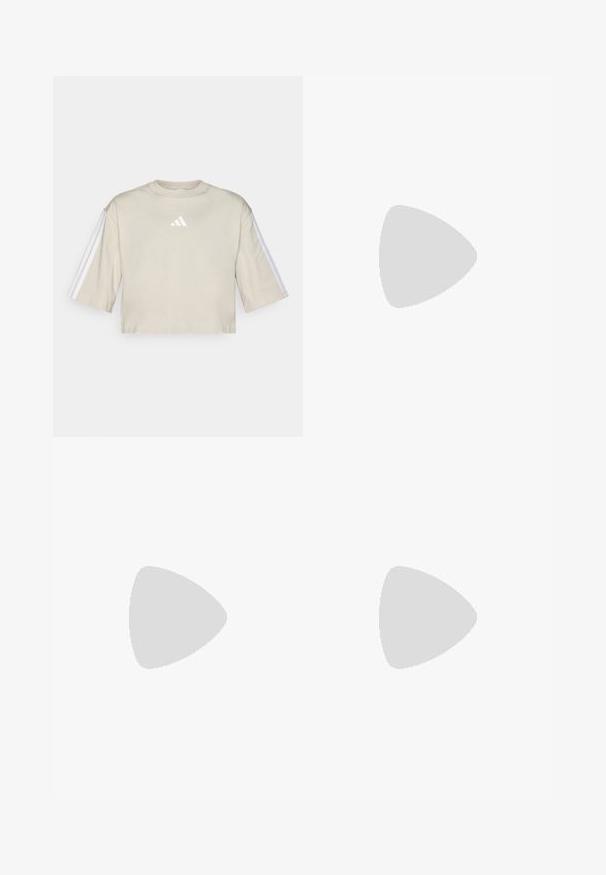 Kratka bež majica iz mehke bombažne tkanine. Ima okroglo izrez in oversize kratke rokave s tremi belimi črtami na obeh rokavih.; Beli športni kratki hlače z elastičnim pasom in vrvico. Imajo črne logotipne akcentne detajle ob straneh. Gladka tekstura, dolžina do kolen.; Vijolični športni čevelj z mrežasto zgornjim delom, belimi črtami, roza in črnimi akcenti, podloženim ovratnikom in teksturiranim podplatom, zasnovan za zmogljivost.; Črne sončna očala z sijočo površino, ovalnimi lečami in ostrimi okvirji. Oblika vključuje debele ročke in eleganten silhuet.