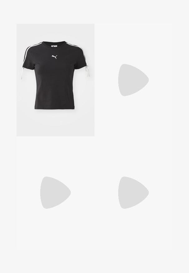 Tricou negru din bumbac, cu dungi albe pe laterale, mâneci scurte cu legături și un mic logo alb pe piept.; Pantaloni ușori albi și bej cu un finisaj texturat, având un brâu elastic, buzunare laterale și un mic logo negru.; Pantofle de sport negre cu un superior texturat, accente albe și talpă din cauciuc cu un model zimțat pentru aderență. Închidere cu curea ajustabilă.; Ochelari de soare negri, cu o formă ovală și lentile întunecate. Cadru din plastic elegant, cu accente texturate pe brațe. Branding pe lateral.
