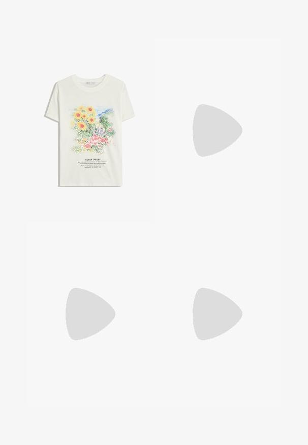 Krátký rukáv, off-white bavlněné tričko s barevným květinovým potiskem a textem "TEORIE BAREV" a popisy emocí spojených s barvami.; Světle béžová sukni s volány vyrobená z texturovaného materiálu, s krajkovým lemem na spodní části a elastickým pasem pro pohodlí.; Klobouk s maroon lakovanou kůží, s úzkým podpatkem, špičatou špičkou a stříbrnou sponou na bílém pozadí.; Bílá látková taška s trojúhelníkovým tvarem, která má detaily ve formě okének a uvázanou mašlí na vrchu. Hladký povrch po celé ploše.