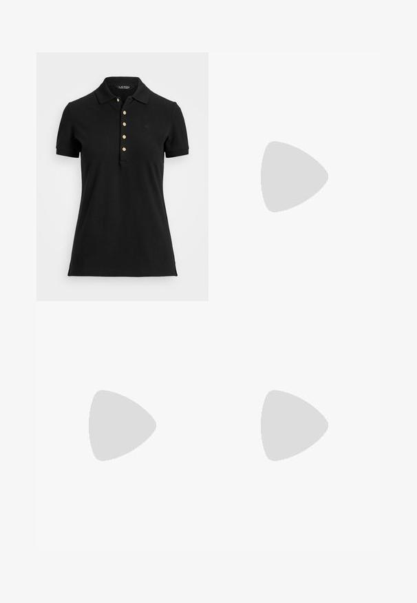 Musta polo-paita, joka on tehty sileästä puuvillakankaasta ja jossa on kaulus, lyhyet hihat ja kultaisia nappeja napituksessa. Pienet logo-yksityiskohdat rinnassa.; Sinivihreät farkut, joissa on keskitason vyötärö, kapeat lahkeet, viisi taskua ja näkyvää ompelua. Varustettu napilla ja vetoketjulla.; Lauren Ralph Lauren JANSON II CANVAS SNEAKER - Matalavartiset tennarit - optic white; Musta nahkalaukku, jossa on pehmeä pinta, trapezoidimuoto, kaareva kahva ja kultaiset yksityiskohdat, mukaan lukien lukko.