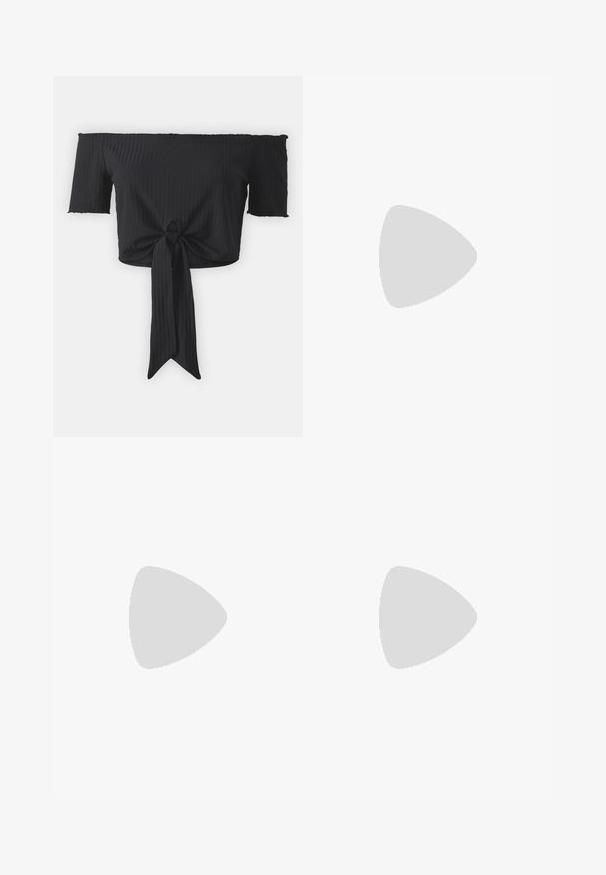 Even&Odd by Zalando OFF SHOULDER WITH FRONT KNOT  - Trükipildiga T-särk - black; Levi's® RIBCAGE WIDE LEG - Wide leg - rosie posie; Läikiv tume burgundi värvi kontsaking, ümmarguse toe ja pahkluustrapiga, taustal lihtne taust.; Even&Odd by Zalando Käekott - black