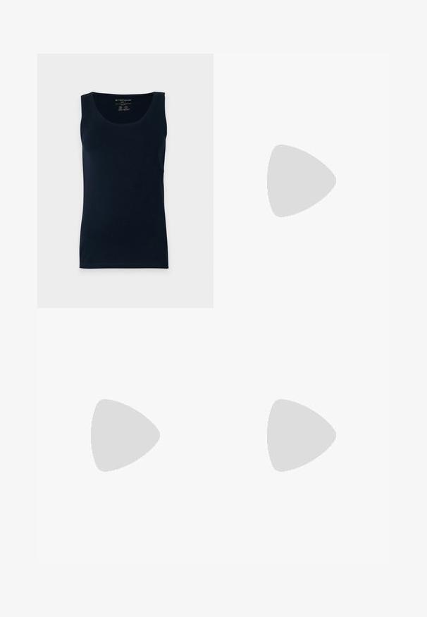 Navy blue cotton tank top with a round neckline, sleeveless design, and straight hem. Smooth texture and minimalistic style. Size labeled.; Black tailored pants with a smooth texture, featuring two front pockets with decorative hardware accents, and a slim-fit design.; Knee-high black faux leather boots with a smooth surface, elastic side panels, and a low, flat sole for comfort.; Black handbag with structured shape, smooth texture, and a metallic clasp. Paired with wide black pants and open-toe sandals on wooden floor.
