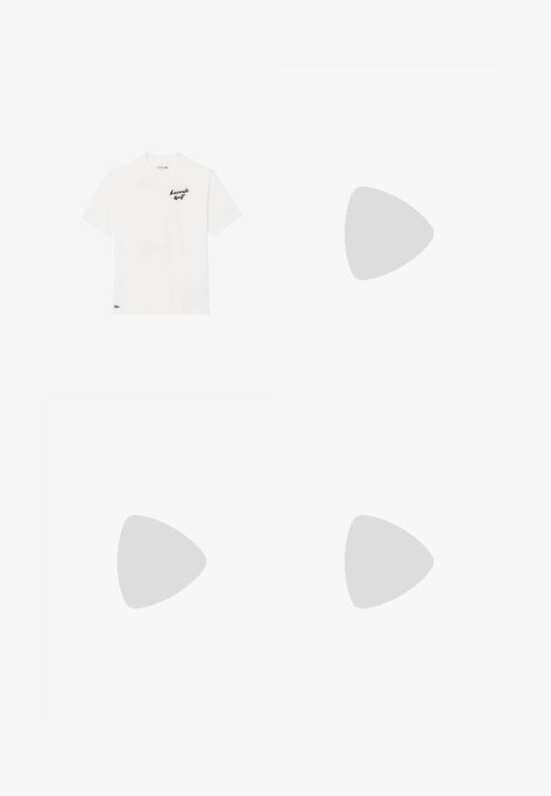 White cotton t-shirt with short sleeves, featuring a black "Lacoste Golf" logo on the chest and a green crocodile emblem on the hem.; White shorts featuring a textured floral pattern, elastic waistband, and frayed edges. Made from lightweight fabric, suitable for warm weather.; Light beige athletic shoe with mesh upper, textured accents, and gold details. Features a thick white midsole and rubber outsole.; Sunglasses with a translucent light purple frame, mirrored blue lenses, and slender metal arms. Features angled design and subtle logo detail.