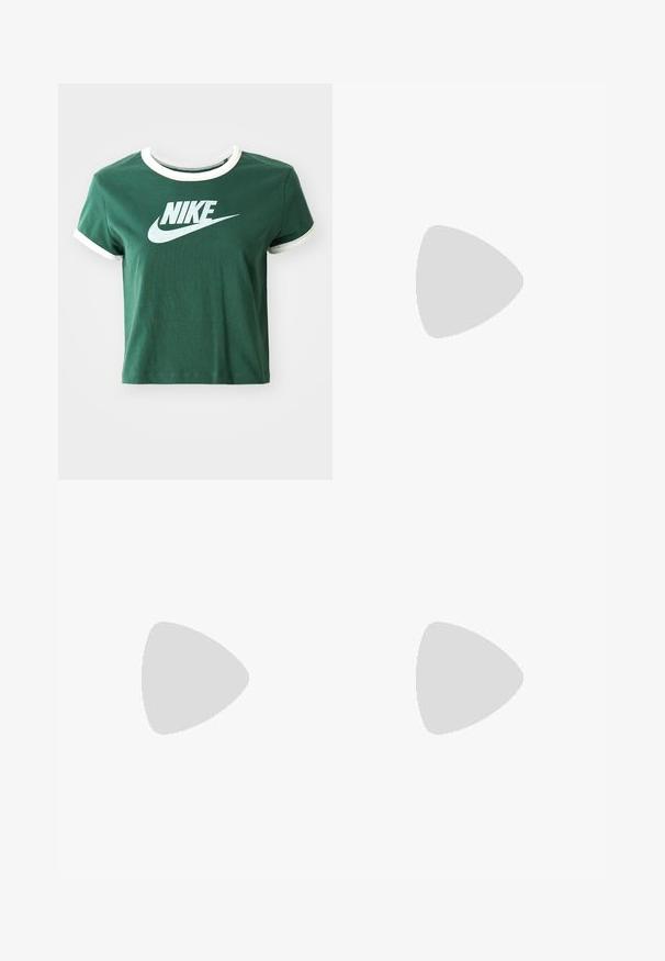 Green cotton t-shirt with white accents, short sleeves, and a ribbed collar. Features a large white Nike logo on the front.; White sweatpants made of soft fabric, featuring a gray elastic waistband with "Nike" branding, drawstring closure, and side slits.; White and light pink Nike Air Max sneakers with a textured fabric upper, lace closure, visible air cushioning, and a rubber sole.; Oval glasses with a metallic silver frame, clear lenses, and textured beaded temple accents. Lightweight design with curved arms.; Set of 16 silver bangles with various textures, including smooth, twisted, and beaded patterns, arranged in four rows on a white background.