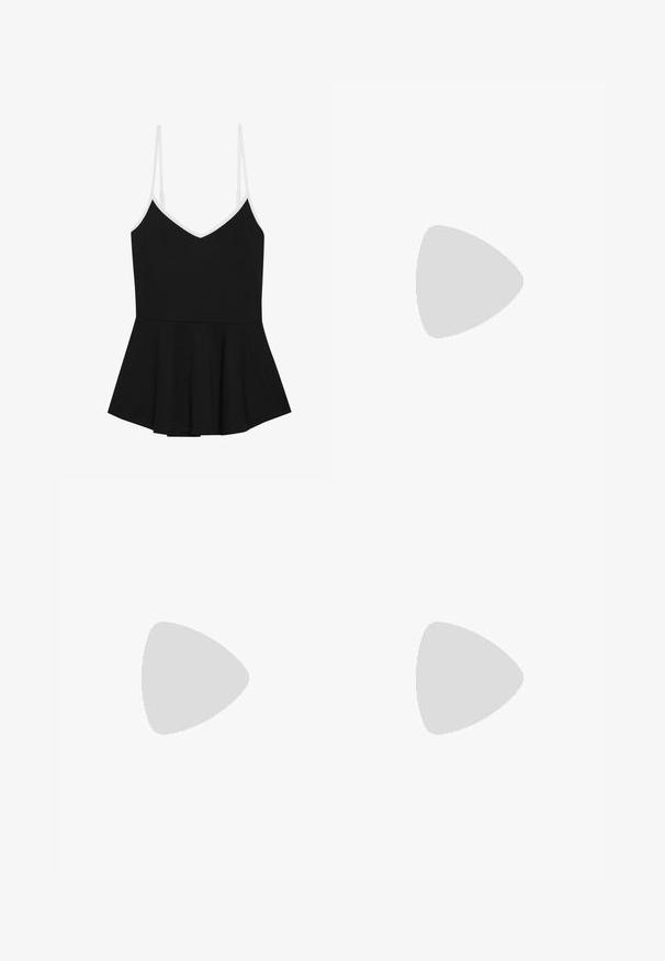 Top peplo nero con sottili spalline bianche regolabili, scollatura a V e parte inferiore svasata, realizzato in tessuto morbido e elasticizzato.; Tessuto bianco sgualcito con una texture morbida e trasparente. Il materiale ha un aspetto leggero e fluttuante con sottili variazioni di tonalità.; Mule con tacco aperto di colore marrone, con una finitura liscia e opaca, caratterizzate da un design curvo e un tacco trasparente e affusolato.; Borsa a tracolla in paglia intrecciata con un accento in pelle nera, apertura ampia nella parte superiore e manici rotondi. Superficie testurizzata con rifiniture lisce.