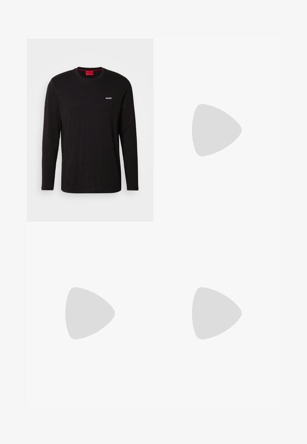 Tricou negru cu maneci lungi, fabricat din bumbac, având un guler rotund și un logo alb "HUGO" pe piept. Textură netedă, croială lejeră.; Pantaloni negri cu talie elastică, cu o formă evazată, dintr-un material de bumbac neted. Prezintă un design simplu și deschideri drepte la picioare.; Sneakers negre din suede cu o talpă din cauciuc albă, prezentând cusături tonale și un design cu șireturi. Textură netedă cu o formă modernă și aerodinamică.; Ochelari de soare rectangulari negri, cu lentile nuanțate de verde, rame groase și temple plate, având o textură netedă din plastic.
