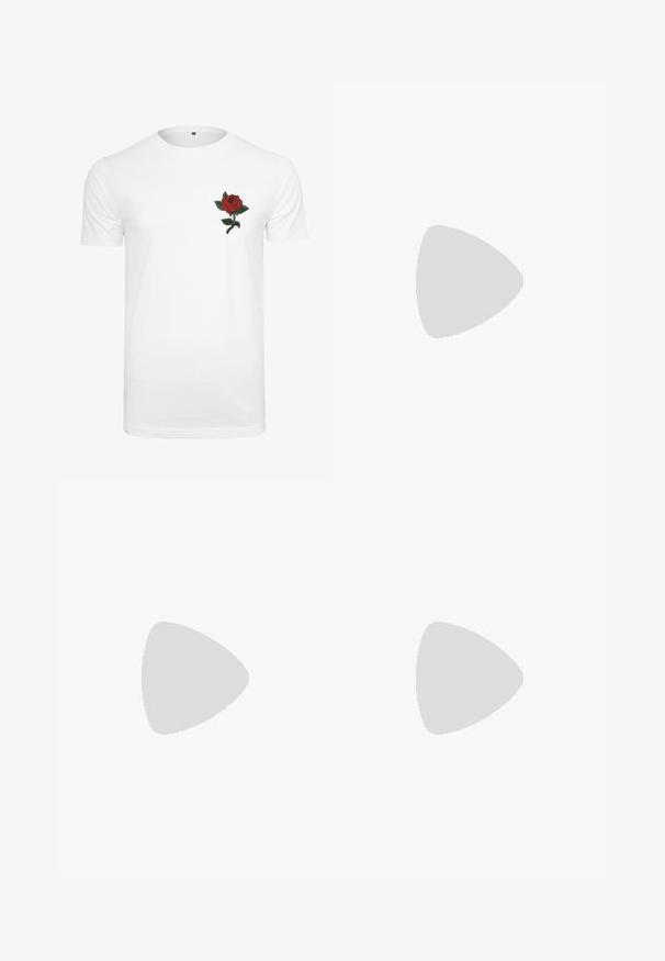 T-shirt bianco a maniche corte con una grafica di una rosa rossa e foglie verdi sul lato sinistro. Realizzato in tessuto morbido con una vestibilità classica.; Pantaloni corti neri con un design su misura, realizzati in tessuto liscio, con una parte anteriore piatta, passanti per la cintura e gambe dritte e curate.; Scarpe stringate in pelle nera con punta arrotondata, texture liscia e suola in gomma rigata. Presentano un piccolo tacco e un pratico cinturino sul retro.; Occhiali da sole rettangolari neri con lenti scure, montatura in plastica liscia e un logo sottile sul braccio sinistro. Design minimalista.