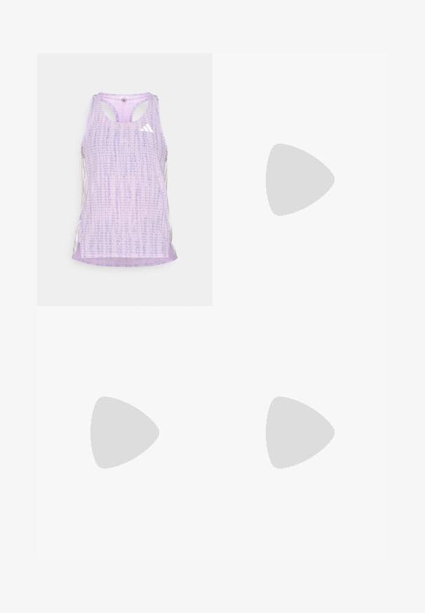Fioletowy sportowy top bez rękawów z wzorzystym, teksturowanym materiałem. Posiada wycięcia po bokach oraz małe białe logo z przodu.; Szare szorty sportowe o miękkiej fakturze, z elastycznym pasem i lekko zaokrąglonym dołem. Zawierają małe perforacje dla lepszej wentylacji.; Fioletowe buty do biegania z przewiewną siateczką, z jasnoniebieskimi akcentami i logo w trzech paskach. Lekka, amortyzowana podeszwa.; Białe okulary przeciwsłoneczne z brązowymi soczewkami, owalny kształt, wykonane z gładkiego plastiku, z szarymi akcentami na zausznikach i logo na oprawce.