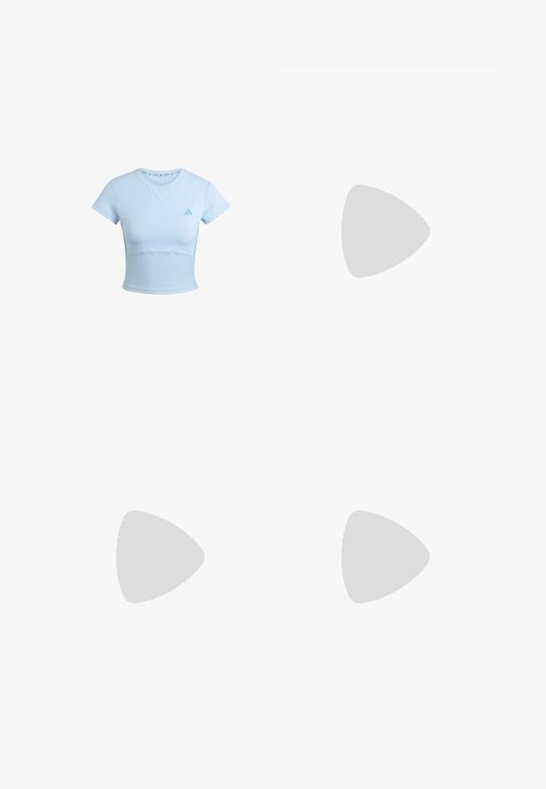 Ljusblå kortärmad träningströja med ribbad nederdel och diskret logotyp på bröstet. Slät textur, figurnära design.; Ljust grå idrottsshorts med elastisk midja, lagda över mörkgrå leggings. Båda materialen är släta, elastiska och åtsittande.; Vit sportskor med mesh-övre, vadderad krage och en texturerad sula. Har en silverfärgad logotyp på sidan och en smidig, modern design.; Svarta rektangulära solglasögon med mörka linser, utrustade med intrikata detaljer på stängerna och en slät, glänsande yta.