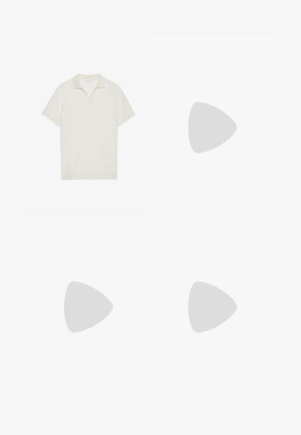 Hvit, kortermet polo-skjorte med V-hals og teksturert stoff. Enkel design med kontrastfarge på krage og erme. ; Kaki shorts laget av lin, med snor i livet, sidelommer og en avslappet passform med en jevn tekstur.; Lett sko med en hvit skinn-overdel og beige semsket skinn-detaljer, rund tupp og en teksturert brun gummisåle.; Hvit perlekjede med en enhetlig rund form, glatt overflate, og metallspenne med en forlengelseskjede for justerbar lengde.