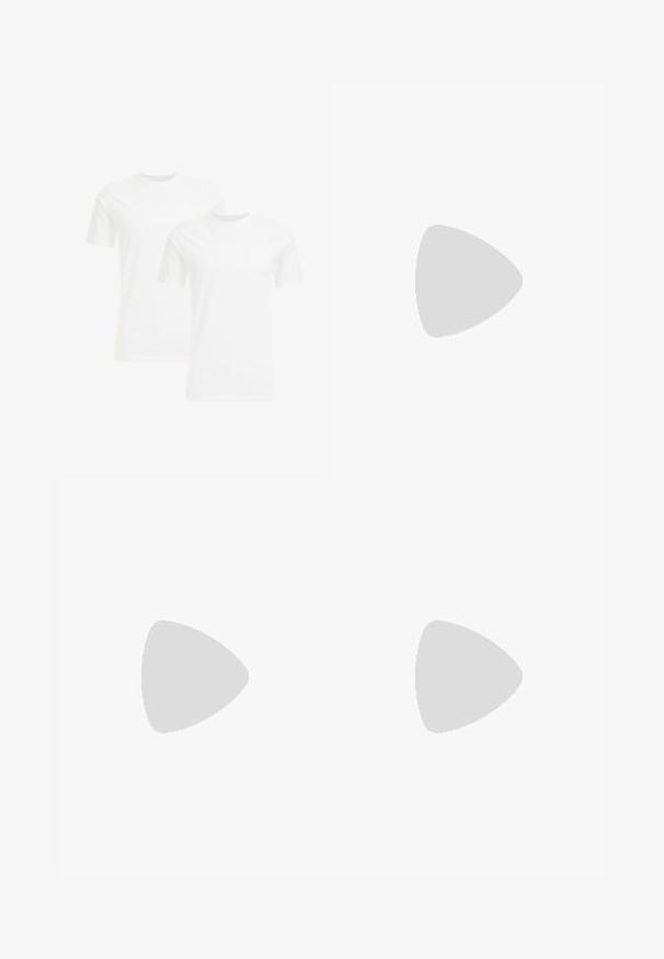 Dos camisetas de algodón blancas con mangas cortas y cuellos redondos, que presentan una textura suave y un diseño simple, apiladas en una disposición vertical.; Jeans de mezclilla de color azul claro, con un diseño de pierna recta, estilo de cinco bolsillos y remaches de tono cobre. La textura desgastada añade detalle.; Zapatillas de color beige claro, hechas de ante y materiales de tela, con tres rayas grises, acentos texturizados y una suela de goma marrón. Los cordones son blancos.; Gafas de sol negras de gran tamaño con lentes oscuros degradados, forma redonda y delgadas patillas de plástico negro. Branding sutil en la montura.