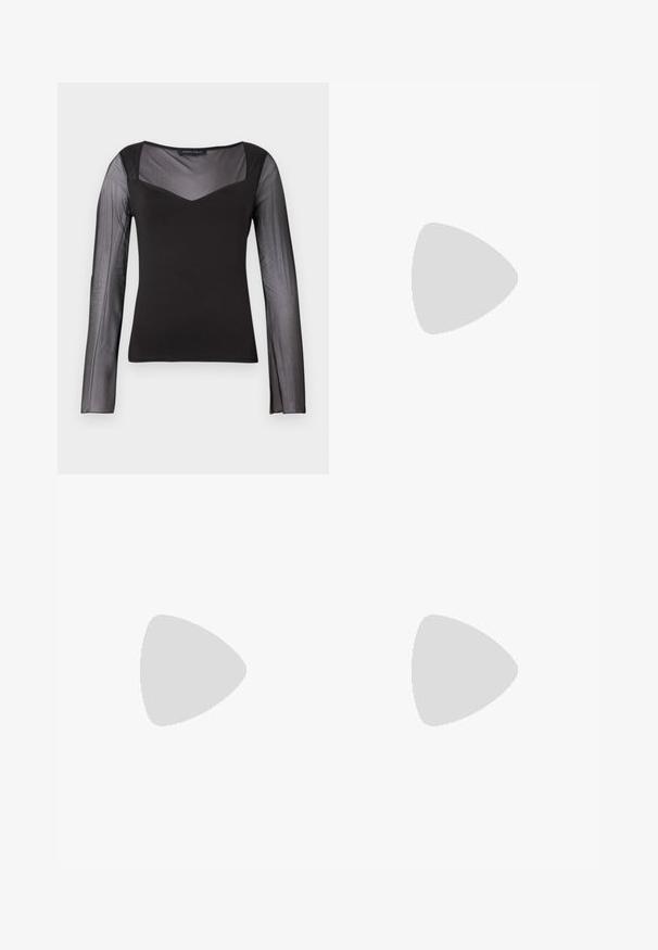 Čierny top s dlhými rukávmi, priesvitnými sieťovanými rukávmi a hornou časťou hrudníka, pevným telom, štvorcovým výstrihom a priliehavým strihom.; Béžové široké nohavice z ľahkého materiálu, vybavené zapínaním na gombík, pútkami na opasok a čistými lemami. Hladká textúra a minimalistický dizajn.; Čierne lakované kožené lodičky so slingback dizajnom, špicatou špičkou, zaobleným výrezom a blokovým podpätkom. Obsahuje akcent zlatého tónu s prackou.; Čierna kabelka s textúrovaným povrchom, dvojitými hornými rúčkami a nastaviteľným ramenným popruhom. Obsahuje zlaté kovanie a bočné vrecká.