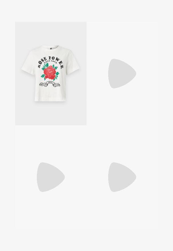 Hvit bomulls T-skjorte med korte ermer, rund hals og et frontmotiv av en rød rose med grønne blader og teksten "ROSE POWER TRUE LOVE" i svart.; Jeans omslagskjørt i lyseblått, med knytelukking, frynsete nederkant og rett snitt med en lett A-form.; Hvit høy-skinn kanvas sneakers med svart gummisåle, gummitåhette foran og seks hull for snorer, med et rent, minimalistisk design.; Even&Odd Håndveske - off-white