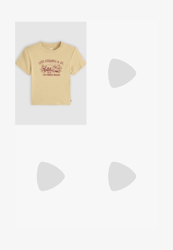 Vaaleanbeige puuvillainen t-paita lyhyillä hihoilla, jossa on marooninvärinen graafinen printti vuoristomaisemasta sekä teksti "Levi Strauss & Co. Two Horse Brand."; BDG Urban Outfitters CHECK NICOLA JORT - Shortsit - beige; Mustat liukusandalerit, joissa on useita kaarevia hihnoja, litteä pohja ja minimalistinen muotoilu. Sisältää pienen metallisen yksityiskohdan hihnassa.; Kivimäiset aurinkolasit vihreillä linsseillä, kulmikas muotoilu, leveät kehykset ja voimakas kulmakarva. Rakenteellinen pinta lisää syvyyttä.