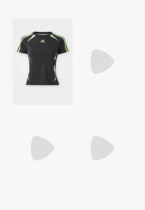 Svart atletisk t-shirt med korta ärmar, gröna detaljer på axlarna och sidorna, tillverkad av ett smidigt och flexibelt material.; Svarta vida läderbyxor med vita vertikala ränder och horisontella vinröda quiltade paneler ovanför knäna och på underbenen.; Svart lädersportssko med vita ränder, rund tå, platt sula och snörning. Har perforeringar för andningsförmåga.; Svarta solglasögon med matt finish, med transparenta linser och en lätt blå nyans på ena sidan. Robust, vinklad design.; PULL&BEAR SHOPPER  - Shoppingväska - grey