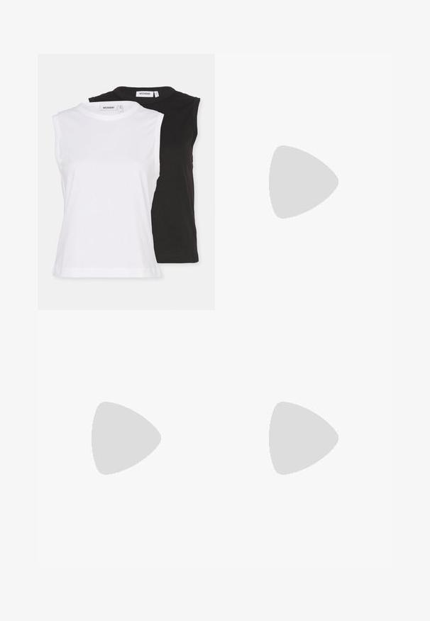 Weekday FITTED TANK 2 PACK  - Felső - white/black; Tengerészkék, könnyű nadrág elasztikus derékkal, húzózsinórral és rózsaszín részletekkel. Hímzett kakaslogóval és oldalsó csíkokkal rendelkezik.; Fekete bőr, fűzős boka csizma vastag talppal és sárga varrással, egy sárga kör alakú háttéren felfüggesztve.; Sötétített lencsékkel rendelkező napszemüveg, elegáns, ezüst színű fém vázzal, aerodinamikus kialakítással, hegyes szélekkel és vékony szárakkal.