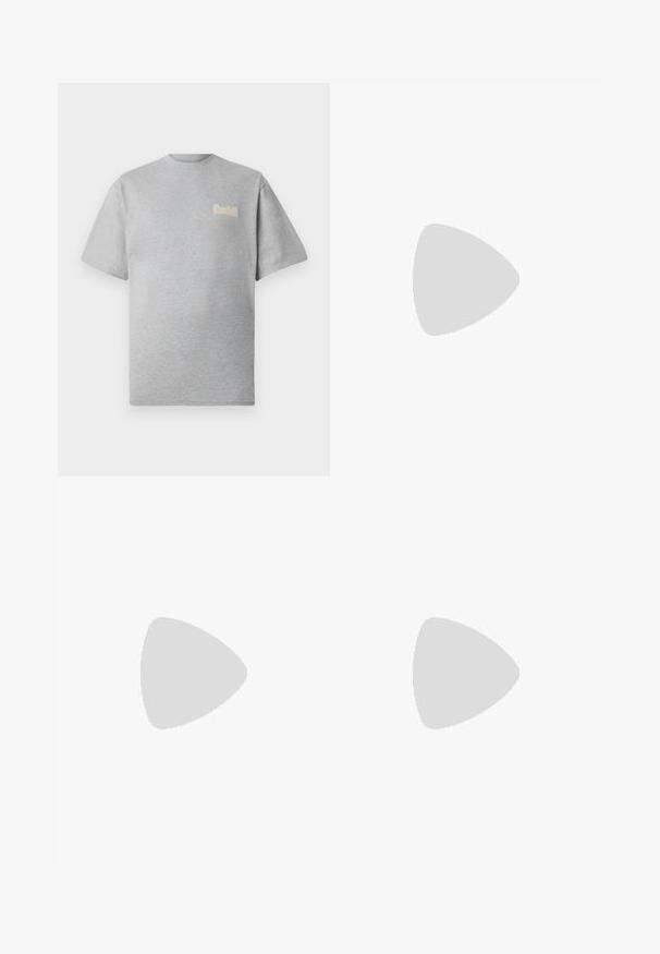 Gray short-sleeve t-shirt made from soft fabric, featuring a rounded neckline and a small cream logo on the chest.; Black sweatpants featuring an elastic waistband, side pockets, and a relaxed fit. Made from soft, smooth fabric with a plain texture.; Black patent leather ankle boot with crocodile texture, curved toe, side zipper, and square metallic heel detail.; MM6 Maison Margiela TOP HANDLE MINI BAG UNISEX - Cross body bag - vaporous grey