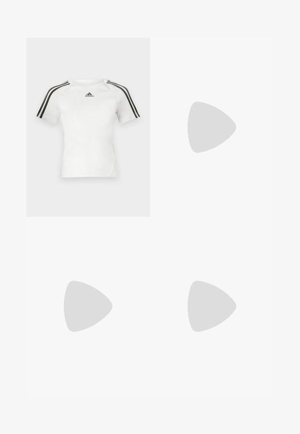 Fehér, rövid ujjú sportpóló, fekete háromsávos dizájnnal a vállakon, sima tapsztat, és egy kis fekete adidas logóval a mellkason.; Barna sportnadrág elasztikus derékkal, laza szabással, oldalsó hasítékokkal és egy diszkrét márkajelzéssel az alsó sarokban.; Fehér bőr felsőrészes sportcipő, szürke velúrból készült orral és három fekete csíkkal. Jellemzője a kék logó a nyelvén és egy texturált gumitalp.; Fekete napszemüveg, téglalap alakú kerettel, sötét lencsékkel és texturált oldalakkal. Modern, letisztult dizájn és merész sziluettek jellemzik.; Barna kézitáska fekete lakk bőr kiegészítőkkel, kerek forma, dupla fülek és egy dombornyomott fekete logó a frontra.