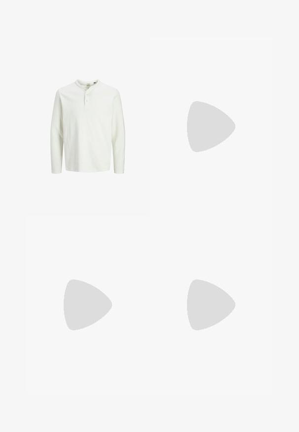 White long-sleeve henley shirt with three buttons and a round neckline, displayed on a plain white background.; Gray cotton sweatpants with an elastic waistband, featuring side pockets and a soft, textured fabric for comfort.; Black leather loafer with a tasseled accent, featuring a chunky black sole and yellow stitching along the edge. Textured finish.; Black fabric shoulder bag with a curved shape, featuring a single strap and a zippered closure. Soft texture, minimalist design.