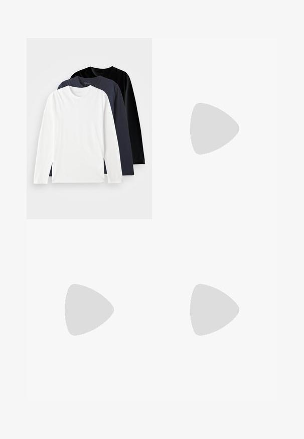 Trys ilgomis rankovėmis marškiniai, sukrauti vienas ant kito: vienas baltas, vienas tamsiai mėlynas ir vienas juodas. Pagaminti iš lygaus medvilnės, turi apvalius kaklus ir šoninius plyšius.; Juodi medvilniniai šortai su lygiu paviršiumi, mygtuko užsegimu ir sukta apačia. Turi diržo kilpas ir priekinius kišenes praktiniam naudojimui.; Juodi sportiniai batai su tekstūruotu krokodilo odos pamušalu, apvalia kojų dalimi ir kontrastinga balta guma su lygiu paviršiumi.; Juodos saulės akinių su stačiakampiu rėmeliu, tamsiais lęšiais, sidabrinėmis detalėmis šventrajose ir matinio paviršiaus rėmeliu.