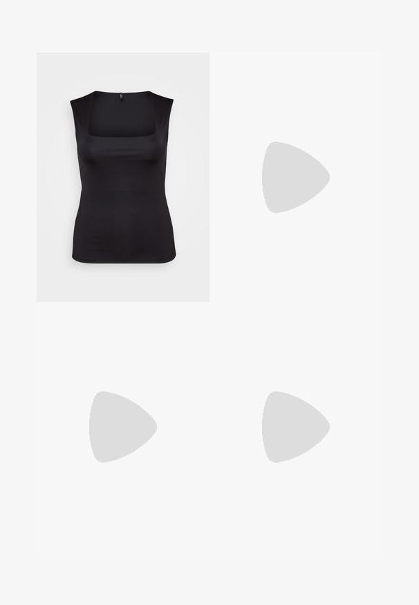 Black sleeveless top made of smooth fabric, featuring a square neckline and a fitted design, with clean edges and no visible patterns or accents.; Lightweight cropped trousers with a geometric blue and white pattern, featuring a tied waistband and smooth texture.; Black sandals with thick platform soles, textured leather upper, two adjustable buckles, and a rugged tread pattern on the sole.; Black oversized sunglasses with a geometric design, rectangular lenses, and glossy finish. No visible branding on the front.