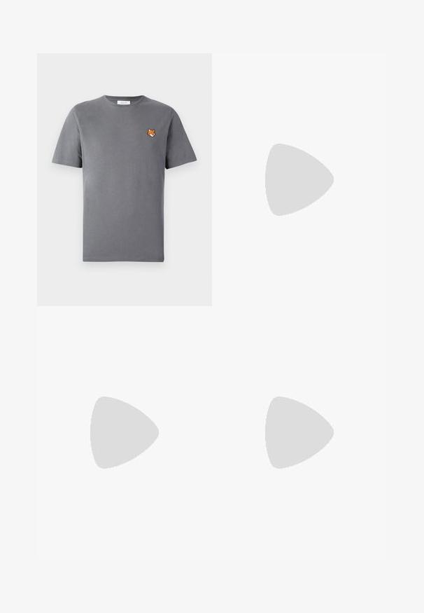 Gray cotton t-shirt featuring a small orange fox head embroidery above the left chest. Crew neck, short sleeves, and a classic fit.; Dark blue denim jeans with a relaxed fit, wide legs, and subtle fading. Features stitched detailing and a branded tag on the waistband.; Beige retro sneakers with brown rubber sole, featuring striped accents and embroidered logos. Worn with white socks, striped brown detail.; Yellow-tinted sunglasses with a translucent gold frame, slim rectangular shape, and angular arms with light green accents.