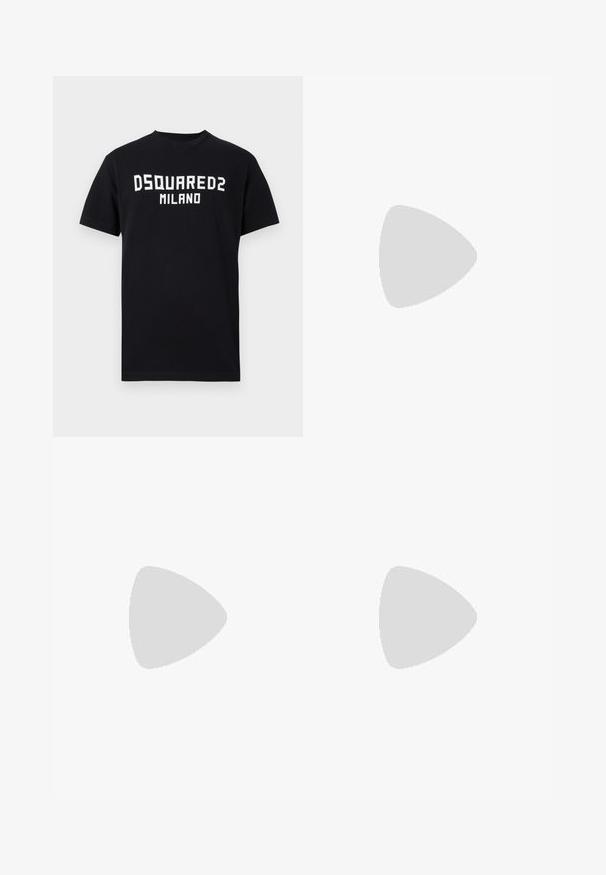 T-shirt preta de manga curta com texto branco "DSQUARED2 MILANO" centrado no peito, gola redonda e bainha direita.; Jeans de denim azul escuro com um corte reto, apresentando um desbotamento leve, costura amarela, bolsos frontais e fecho com botão.; Sandalas de couro preto com um design trançado, apresentando correias ajustáveis, detalhes metálicos e uma sola preta grossa para estabilidade.; Óculos de sol oversized pretos com lentes púrpura em degradé, acabamento brilhante e detalhes em dourado nas hastes. Forma de armação retangular.