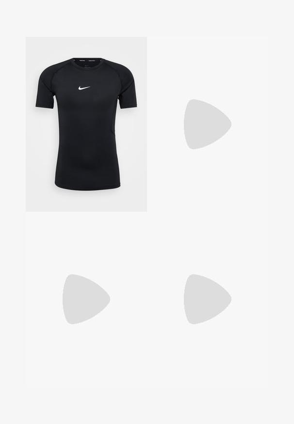 T-shirt de sport à manches courtes Nike Pro noir, fabriqué en matériau extensible, avec un logo Nike blanc sur la poitrine et un design sans couture aux épaules.; Shorts de sport noirs avec une texture lisse, une taille élastique et deux poches latérales. Présente un petit logo sur le bas à droite.; Baskets blanches avec un supérieur en maille grise, une semelle intermédiaire en mousse ZoomX bleue et une semelle extérieure incurvée pour une propulsion et un confort améliorés.; Sac à dos Nike noir avec plusieurs compartiments zippés, des bretelles réglables et un motif texturé. Le matériau semble durable et résistant aux intempéries.