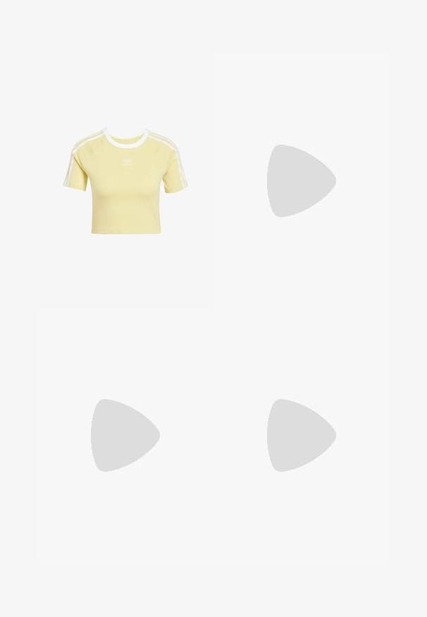 Kurzärmeliges gelbes T-Shirt aus weichem Stoff, mit weißem geripptem Kragen und drei weißen Streifen auf jeder Schulter, mit Logo auf der Brust.; Gelbe weit geschnittene Hose aus strukturiertem Stoff mit einem elastischen Bund. Besitzt ein häkelartiges Detail am Saum.; Cremefarbene und lavendelfarbene Sneakers mit drei Streifen und einer strukturierten braunen Sohle, ausgestattet mit Schnürsenkeln und einer gepolsterten Ferse. Obermaterial aus weichem Stoff.; Goldfarbene Ohrringe mit ovalen klaren Kristallen, die von kleineren klaren Steinen umgeben sind, und einem Haken-Design für sicheren Halt.