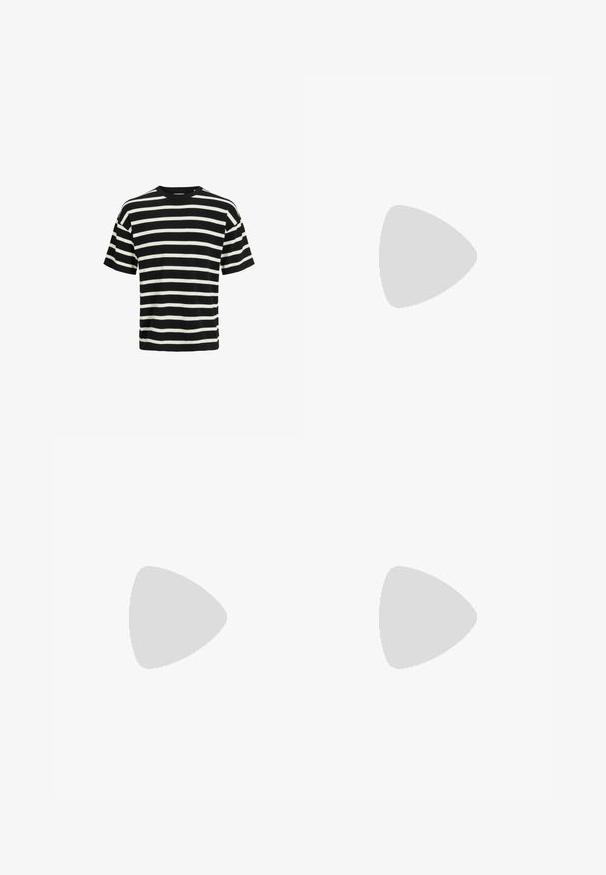 T-shirt a righe bianche e nere a maniche corte con scollatura rotonda. Tessuto morbido e vestibilità comoda. Righe distribuite uniformemente.; Pantaloni cargo beige con due tasche laterali, una tasca con zip e una cintura blu navy. Realizzati in tessuto strutturato con una vestibilità rilassata.; Mocassini beige chiaro con punta affusolata, materiale liscio, una fascia sulla tomaia e una suola bassa marrone. Design semplice con accenti minimi.; Borsa per laptop in pelle marrone con superficie texturizzata, doppi manici superiori, cinturino regolabile e due fibbie frontali per un tocco di originalità.