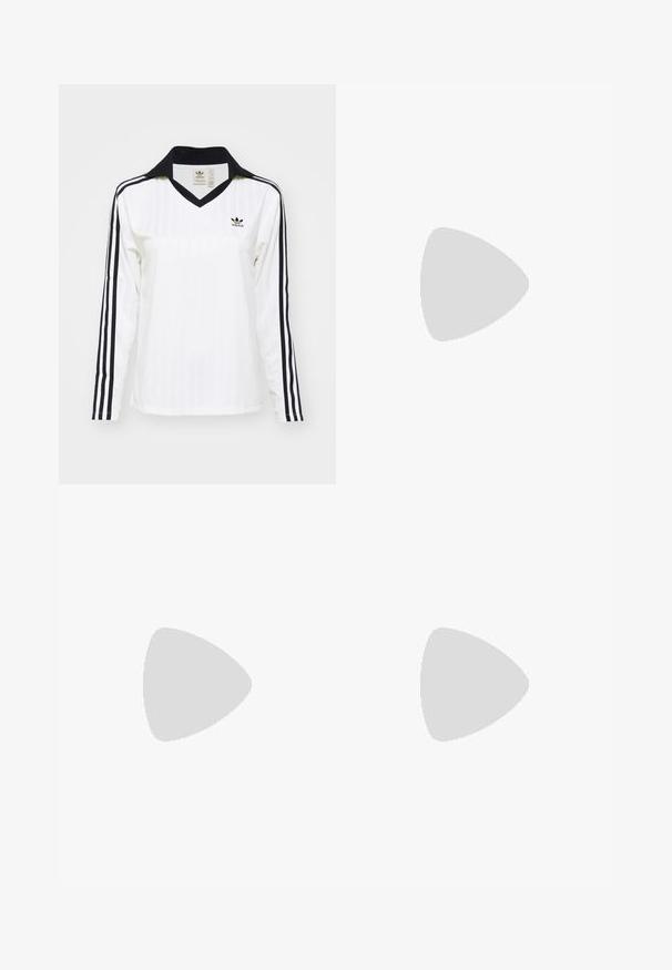 Long-sleeve Adidas shirt in white with a V-neck, featuring black stripe accents on the sleeves and a small logo on the chest. Textured fabric.; Black cargo pants with a relaxed fit, elastic waistband, adjustable belt, and two side pockets. Made from lightweight fabric.; Black high-top athletic shoe with a textured fabric upper, featuring three white stripes and a laced front design. Flat rubber sole at the base.; Black crossbody bag with a zippered pocket, rectangular shape, made of fabric, featuring a logo patch on the front, adjustable shoulder strap.