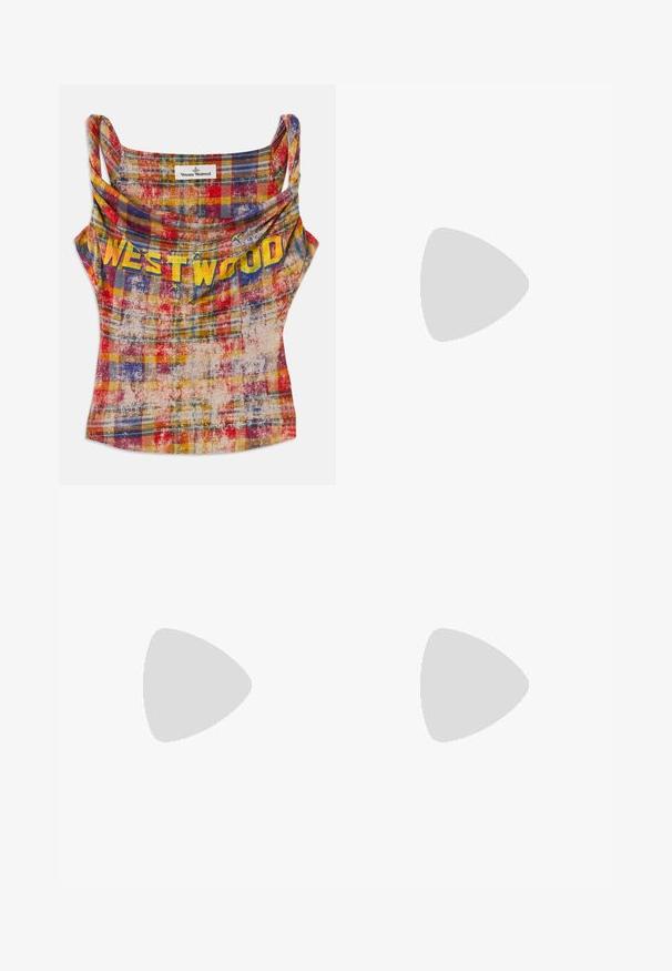 Cropped, plaid tank top in vibrant red, yellow, and blue. Features a draped neckline and "WESTWOOD" text in bold yellow. Soft, textured fabric.; Olive green cargo pants with elastic waistband, drawstring, side flap pockets, and adjustable hems laid flat on white background.; Black leather ankle boot with pointed toe, front lacing, metal eyelets, low block heel, and a sleek design. Smooth texture, modern silhouette.; Small handbag with tiger print pattern, maroon leather straps, gold-tone Guess logo, and a charm hanging from the strap ring.