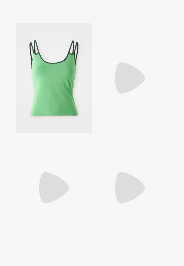 Green tank top with thin straps, rounded neckline, and dark green trim. Made from a smooth, stretchy fabric. Fitted design, no patterns.; Black swim shorts with horizontal green stripes. Features a fitted design and elastic waistband. Made from a stretchy, smooth material.; Black platform sandals with crisscross straps, silver hardware, and white stitching. Designed with a chunky sole and open toe.; Blue denim bag with a padded, rounded shape and a curved handle. The texture is soft, featuring visible stitching and a smooth finish.