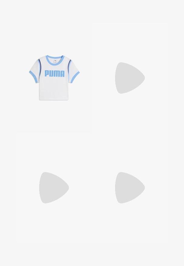 Biały T-shirt z krótkim rękawem z niebieskimi wykończeniami oraz logo "PUMA" w wyraźnym niebieskim napisie. Materiał jest miękki, z klasycznym okrągłym dekoltem i dopasowanym krojem.; Granatowe legginsy wykonane z elastycznego, gładkiego materiału z wysokim stanem. Obcisłe od talii aż do kostek, bez widocznych wzorów.; Podeszwa chunky białych sneakersów wykonana z teksturowanej siateczki i materiałów syntetycznych, z grubą podeszwą i skomplikowanymi detalami wzoru po bokach.; Beżowa torebka wykonana z miękkiego materiału, charakteryzująca się luźnym fasonem, wyszywanymi detalami i dwoma uchwytami na ramię. Idealna na co dzień.