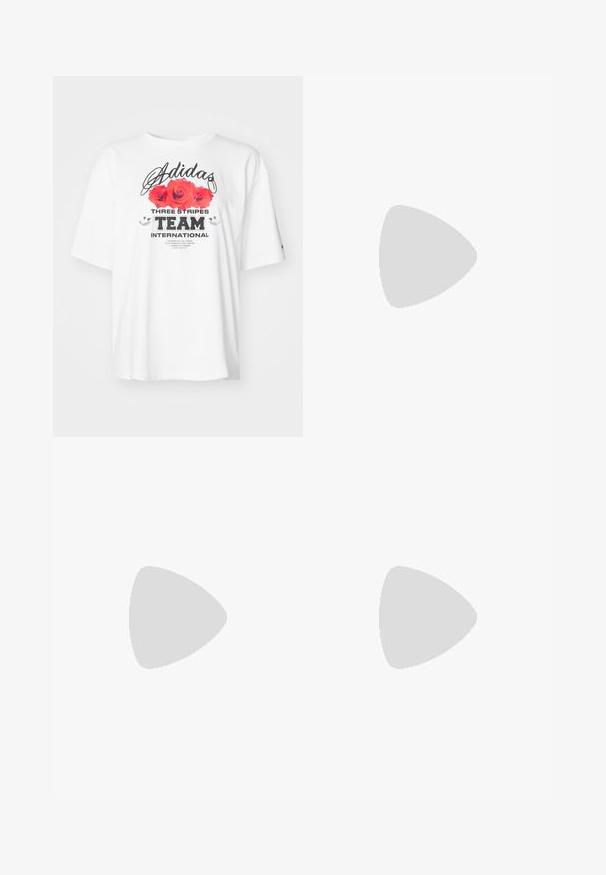 Balta kokvilnas T-kreka ar rozā rožu grafiku, "Adidas" logotipu un tekstu "TEAM INTERNATIONAL" uzrakstā treknajās, kontrastējošās krāsās. Īsas piedurknes un brīvs piegriezums.; Weekday PLEATED MIDI SKIRT - Apliekamie svārki - black; Melnas ādas kaujas zābaki ar apaļu purngalu, auklām priekšā un cilpu potītes daļā. Iespējojums ir biezs gumijas zolei, kas nodrošina izturību.; Sudraba riņķveida auskari ar gludu, spīdošu apdari, minimālisma dizainu un drošu aizdari augšpusē.